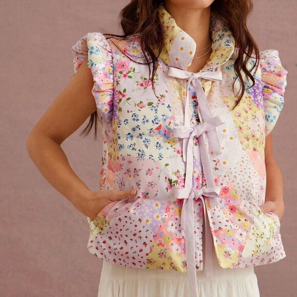 Multicolor Boho Women's flower Print Cute Bow Front Puffer Vest jacket - Picture 1 of 5